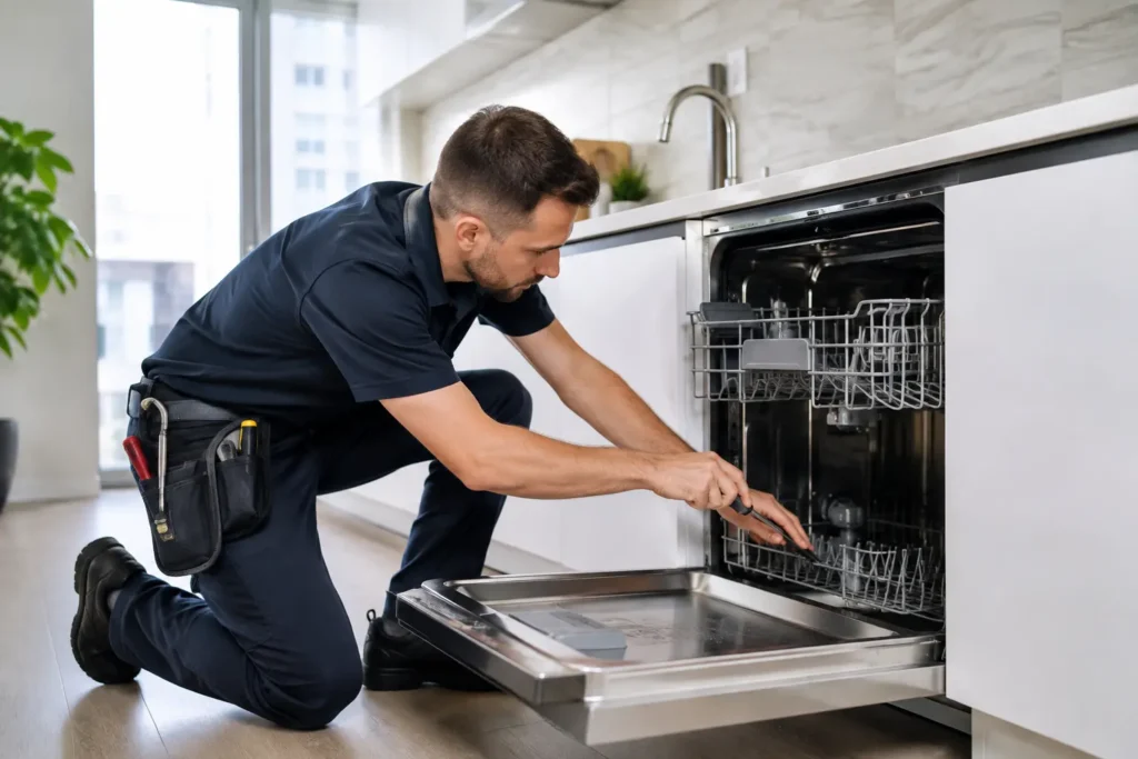 Professional appliance technician repairing a built-in dishwasher in a Toronto kitchen