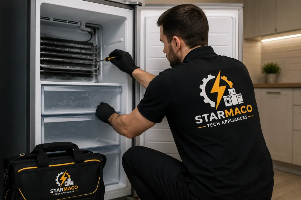StarmacoTech technician inspecting evaporator coils during freezer repair in Toronto