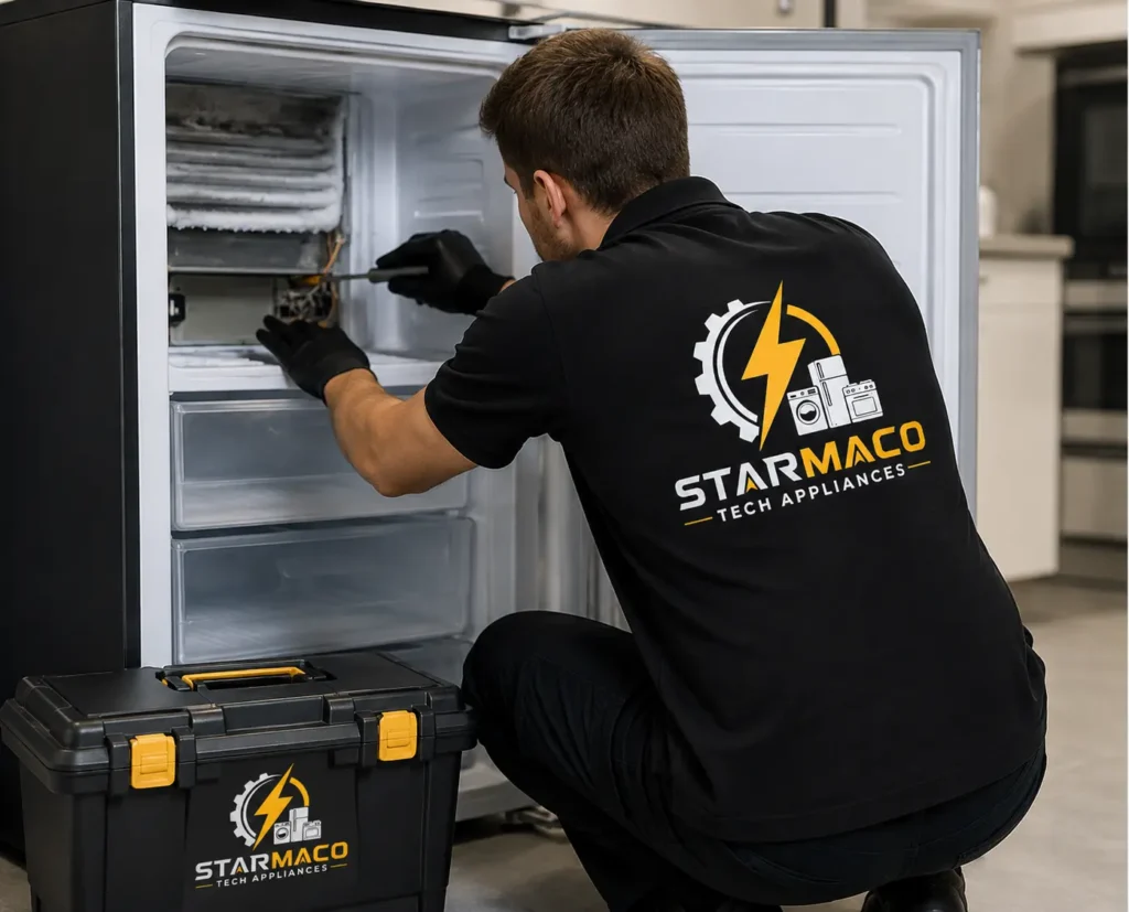 StarmacoTech technician inspecting a freezer during repair in Toronto