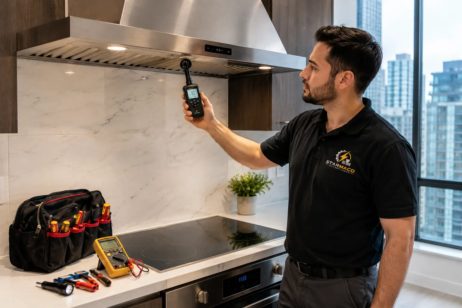 STARMACO Tech Appliances technician testing range hood airflow in a Toronto kitchen