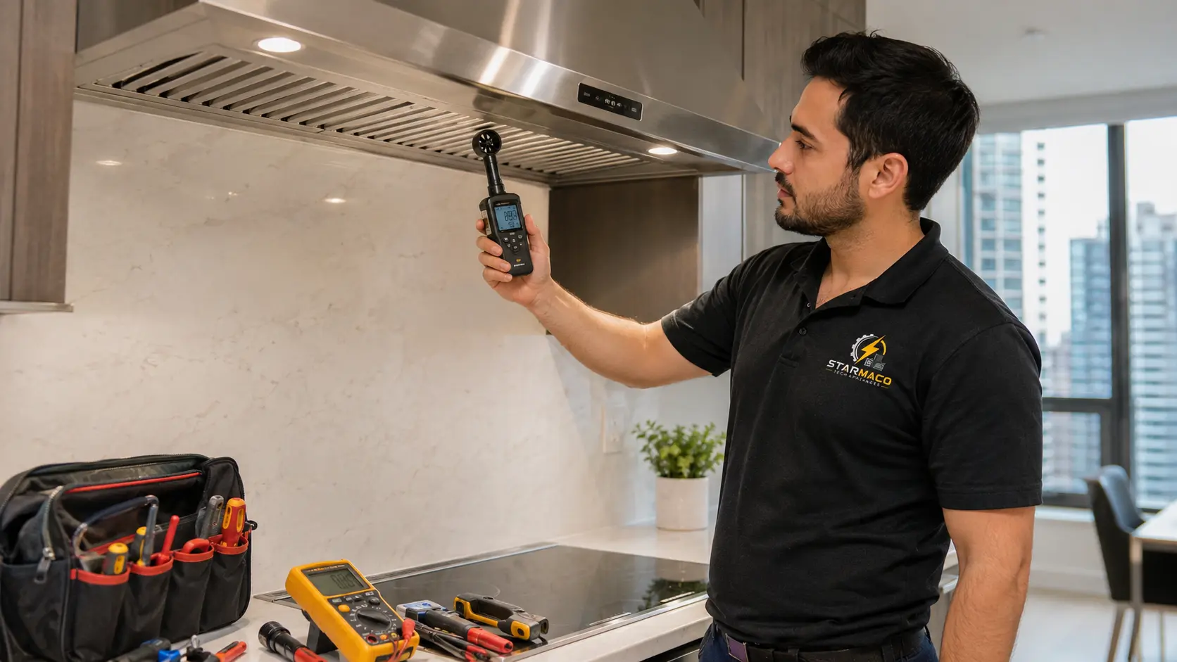 STARMACO Tech Appliances technician testing range hood airflow in a Toronto kitchen