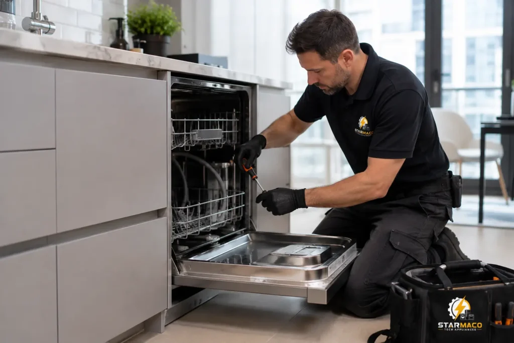 Professional technician repairing a built-in dishwasher in a modern Toronto condo kitchen for StarmacoTech Appliances