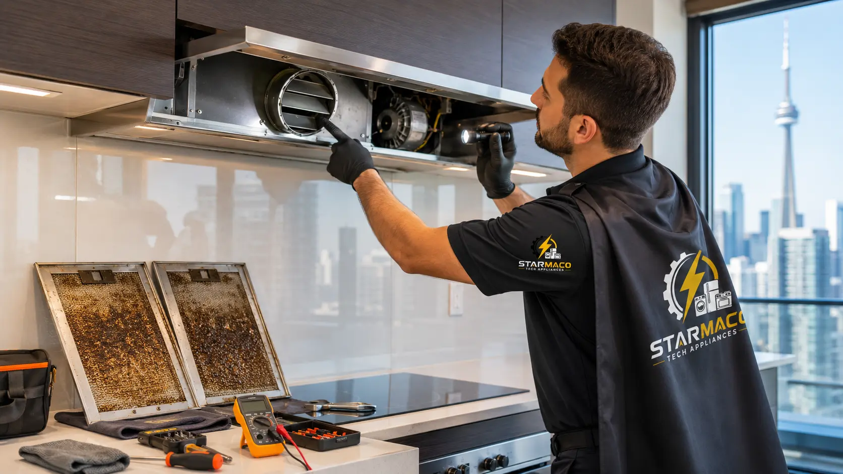 Downtown Toronto range hood repair for weak suction caused by grease filters and backdraft damper