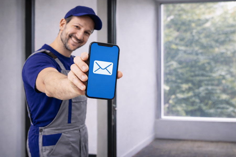 Handyman showing email on smartphone