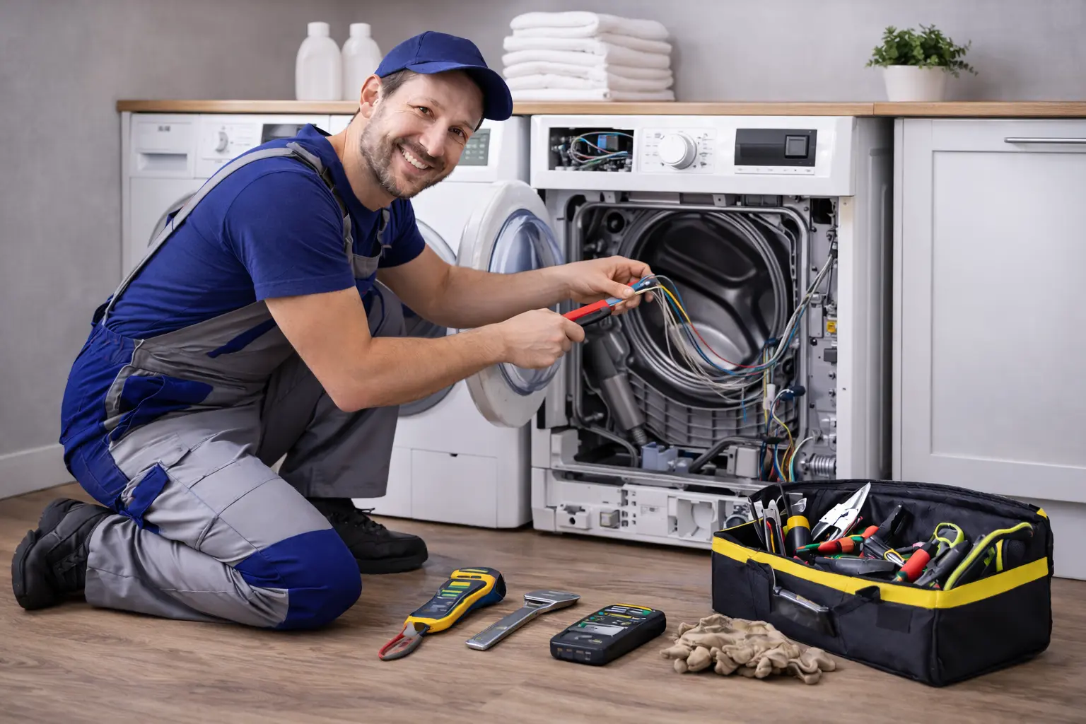 Appliance repairman fixing washing machine in Toronto