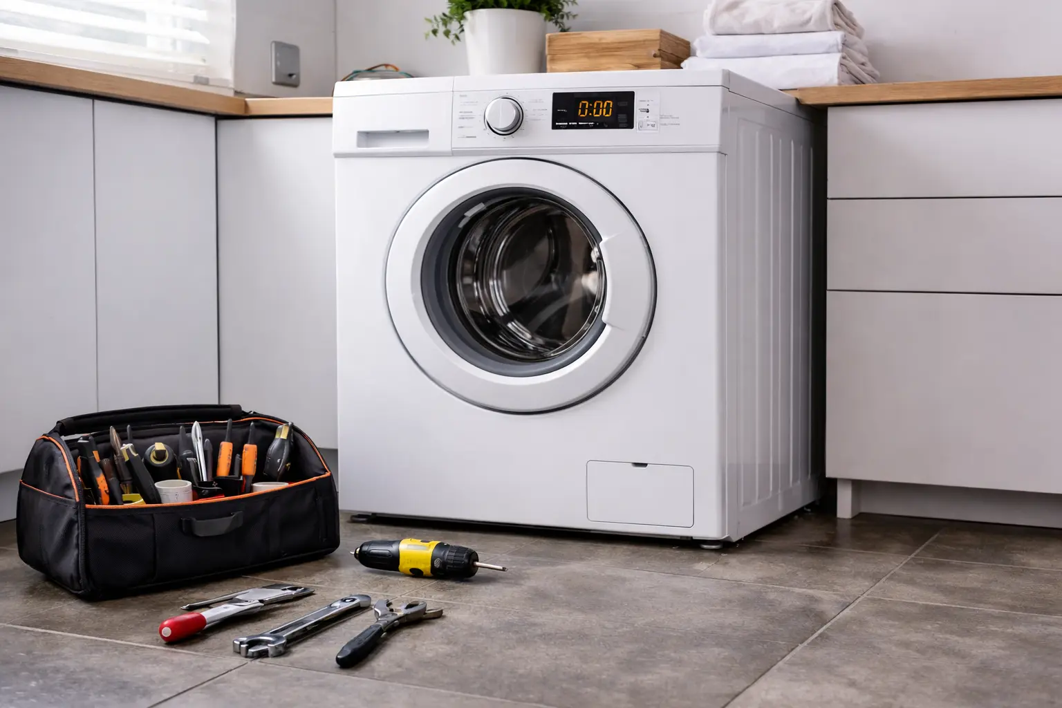 After tumble dryer repair service with technician tools in Toronto