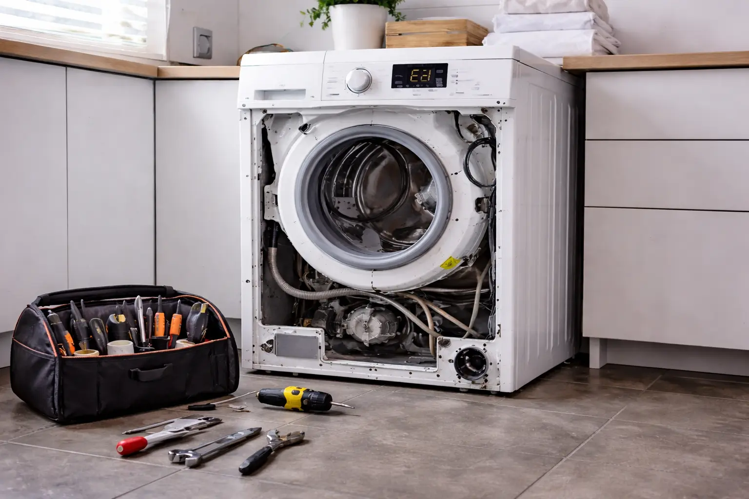 Disassembled washing machine being repaired in a Toronto home